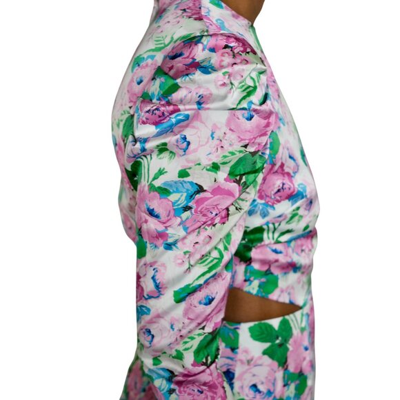 Wayf Pink Floral Print on White Satin Long Sleeve Dress with Side Cut Outs - NWT - Picture 10 of 12